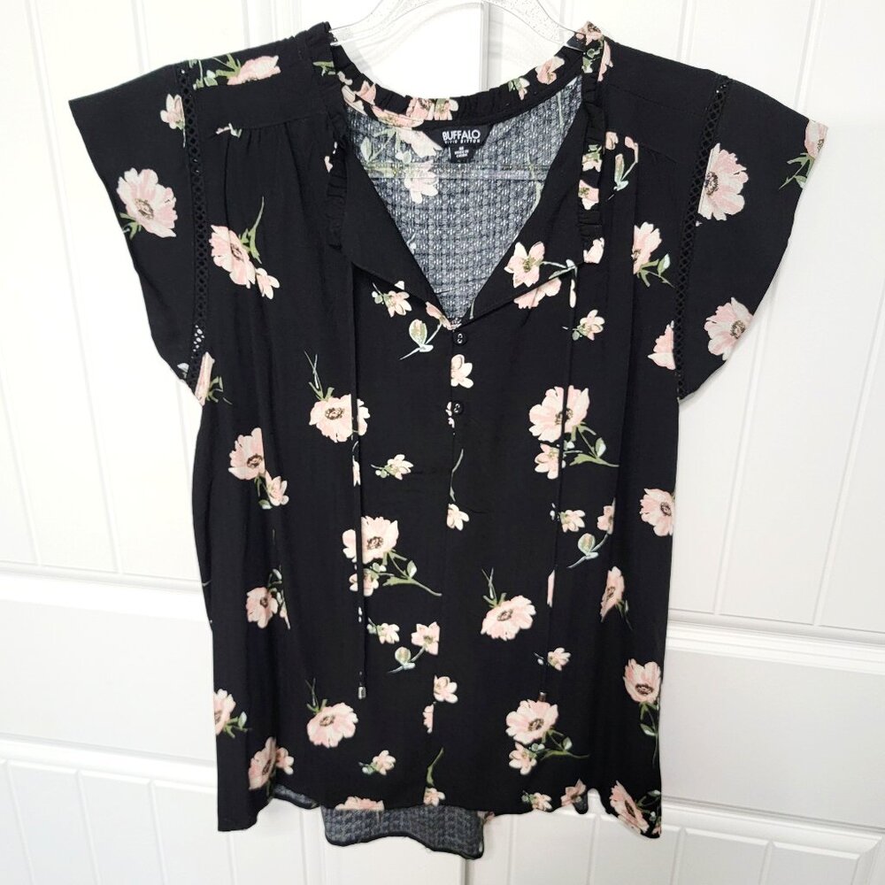 Buffalo Womens Sz Medium V-Neck Tie Neck Short Sleeve Blouse Black/Floral EUC